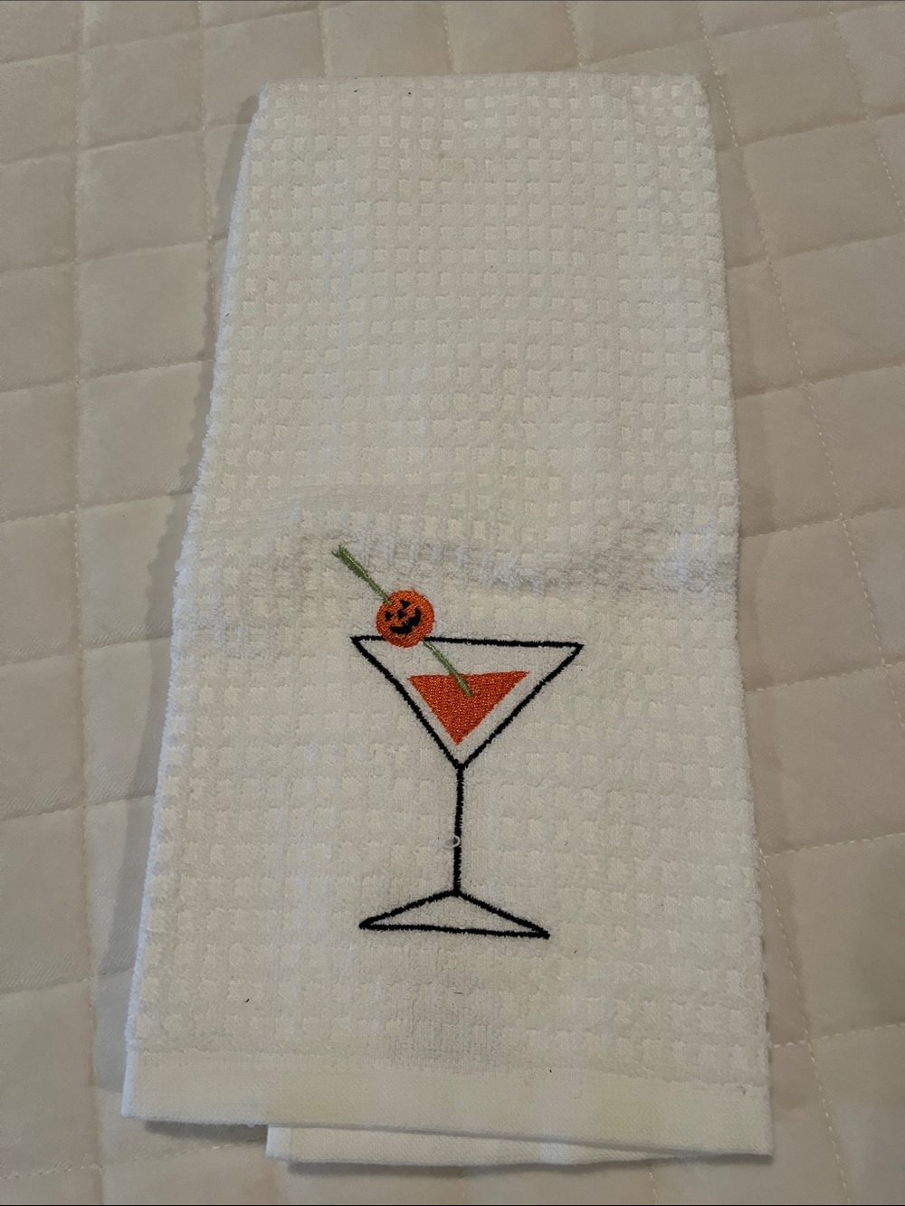White Embroidered Halloween Martini Kitchen Towel - Orange & Green Accent